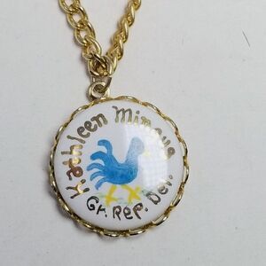 Vintage Blue Bird Pendant Necklace with Kathleen Mingus Name, Gold Tone Chain